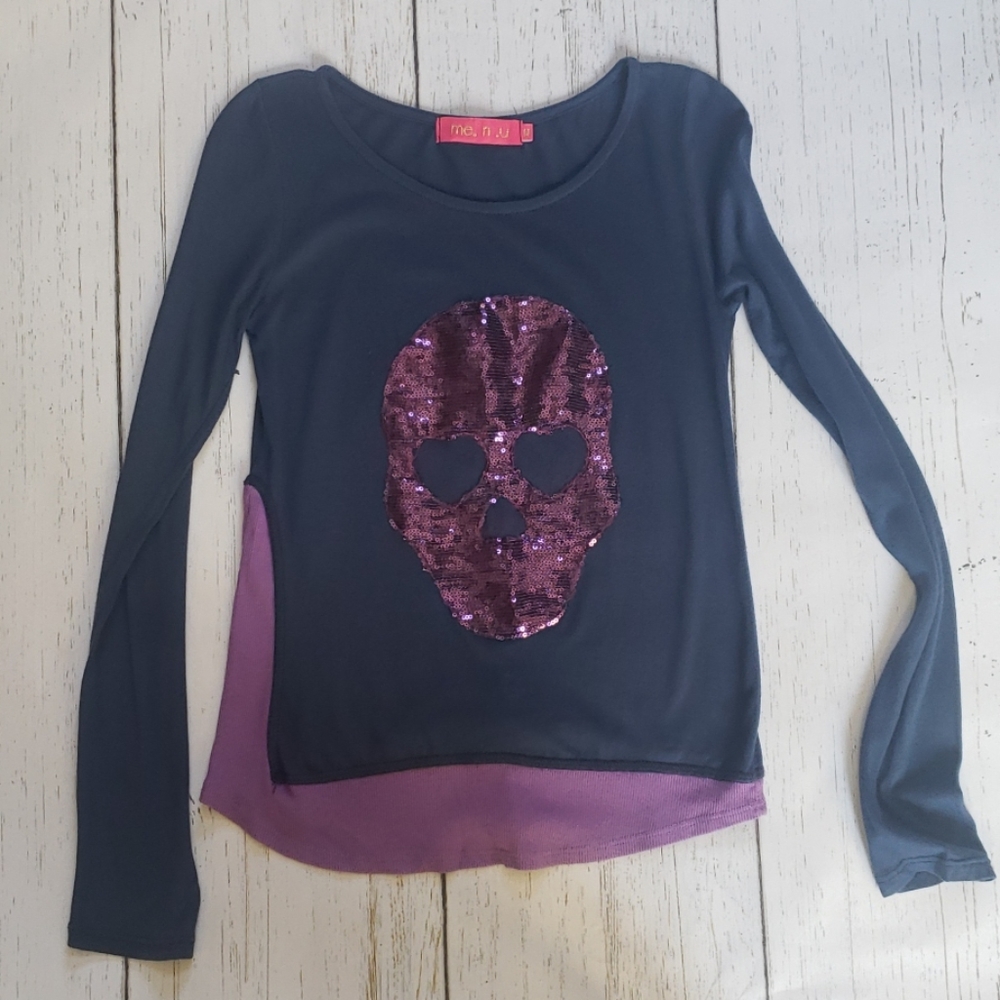 me.n.u navy and purple sequin skull skirt size XS